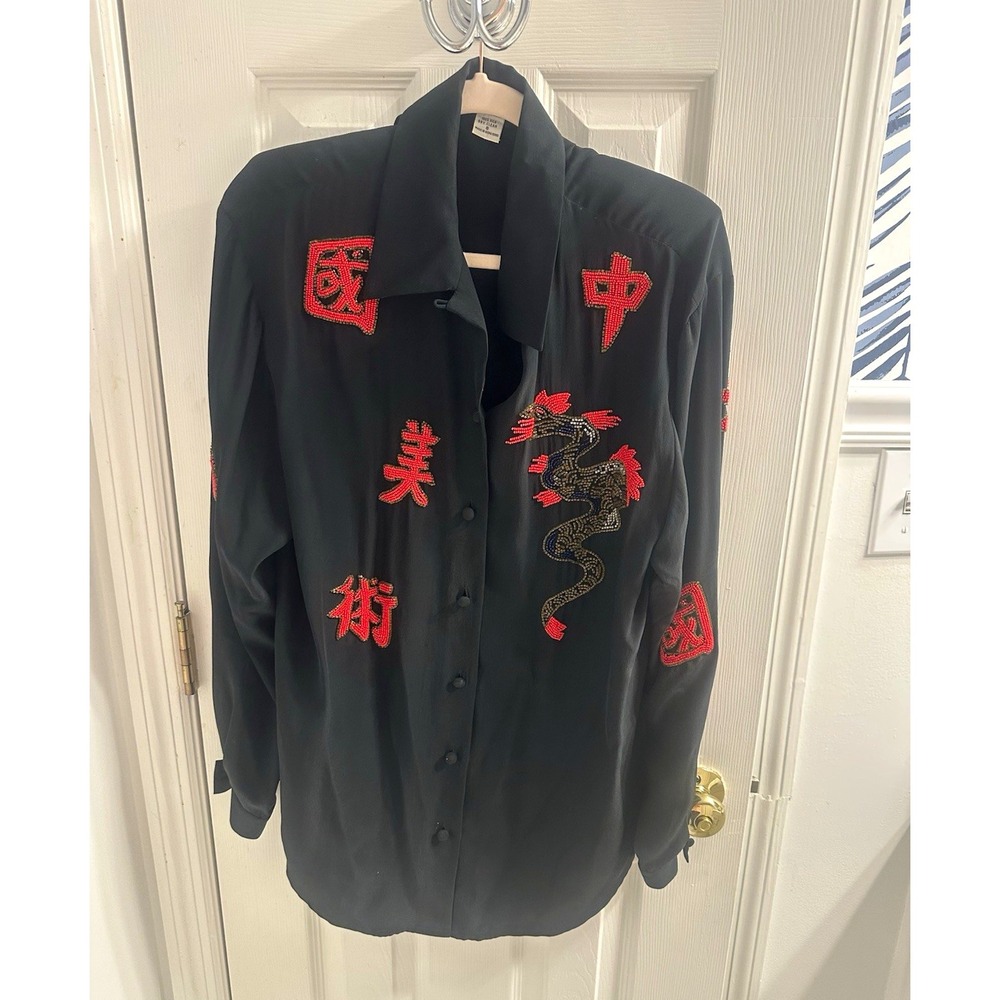 Vintage Women's 100 percent silk Red Dragon Asian Black/Red Dragon blouse
